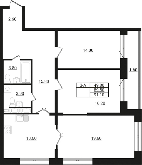 3-комнатная квартира 91.1 м², 2/9 эт., ЖК «Эко Гармония»